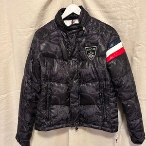Moncler Black Quilted Puffer Jacket with Red & Blue Stripe